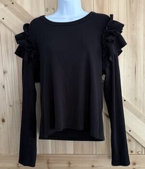 Veronica Beard Jeans Black Gidea Ruffle Long Sleeve Mixed Media Ridged Top Sz XL